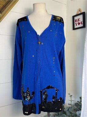 Vintage Storybook Knits Christmas Sweater Cardigan Blue Nativity 90s Embellished